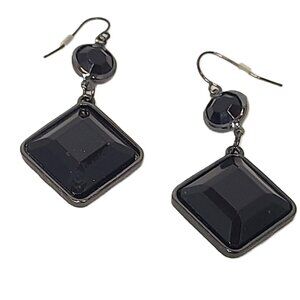Black Gem Stone Diamond Silver Tone Balls Bead Drop Dangle Hook Earrings